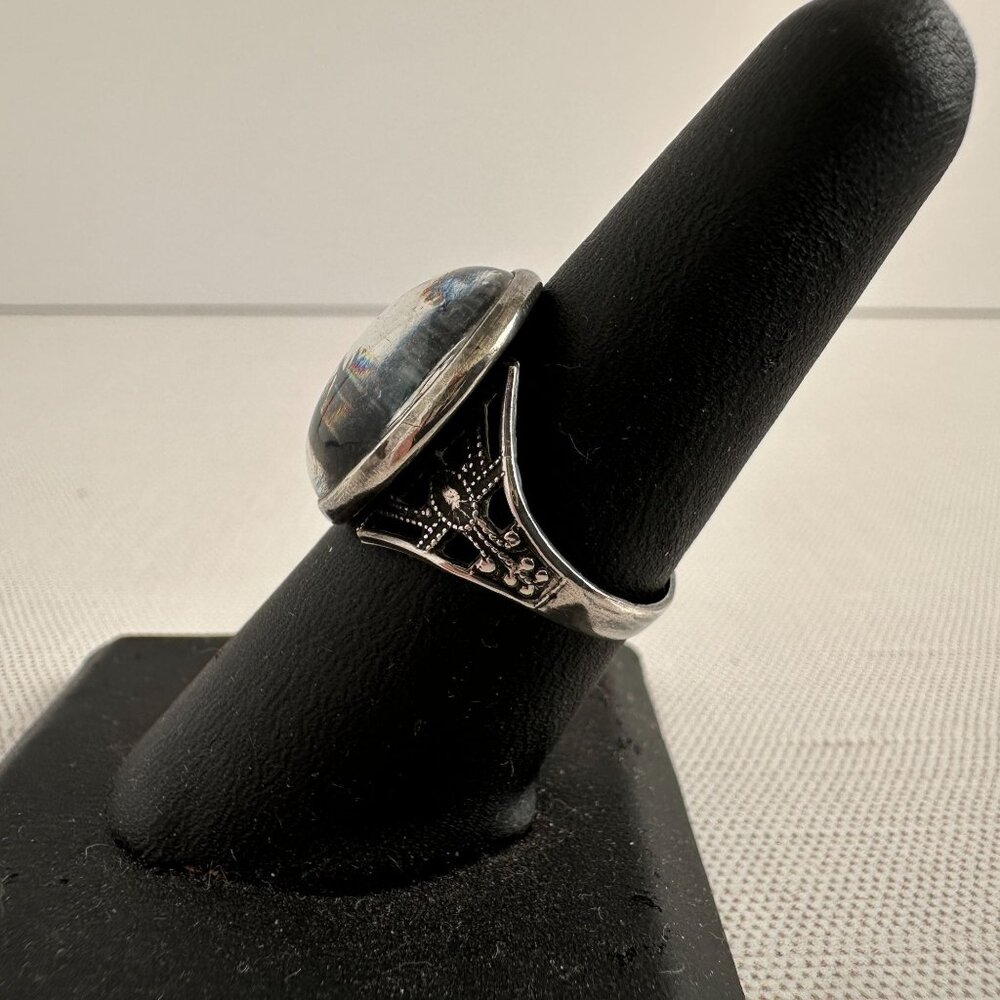 Art Deco Hoffman Sterling Butterfly Wing Ring, Scenic Convex Glass Size 8.5 - Picture 3 of 7